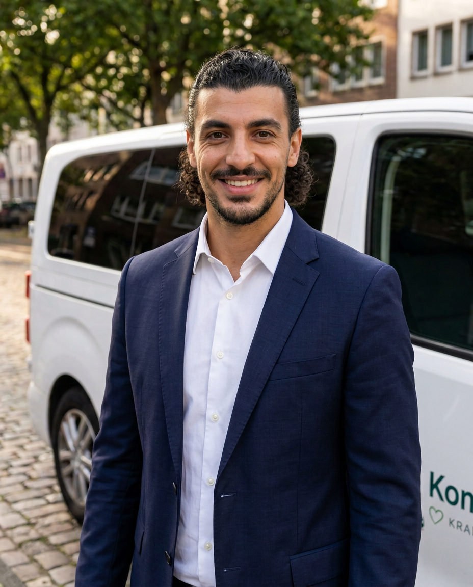 Der Inhaber von Kompass Mobil vor einem Fahrzeug in Düsseldorf