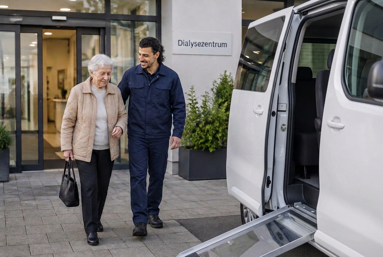 Ein Fahrer begleitet eine Patientin vom Dialysezentrum zum Fahrzeug